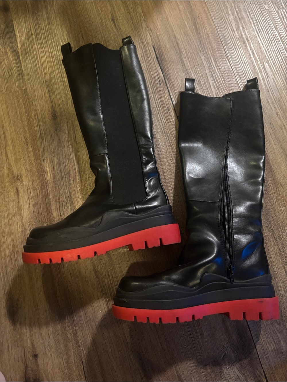 Black Leather Knee Boots with Red Chunky Sole